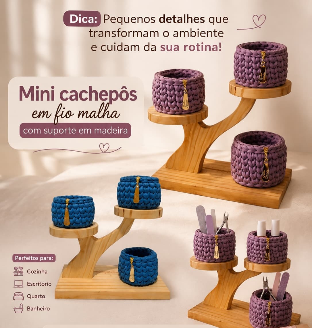 Mini Cachepô em Fio de Malha com Suporte em Madeira