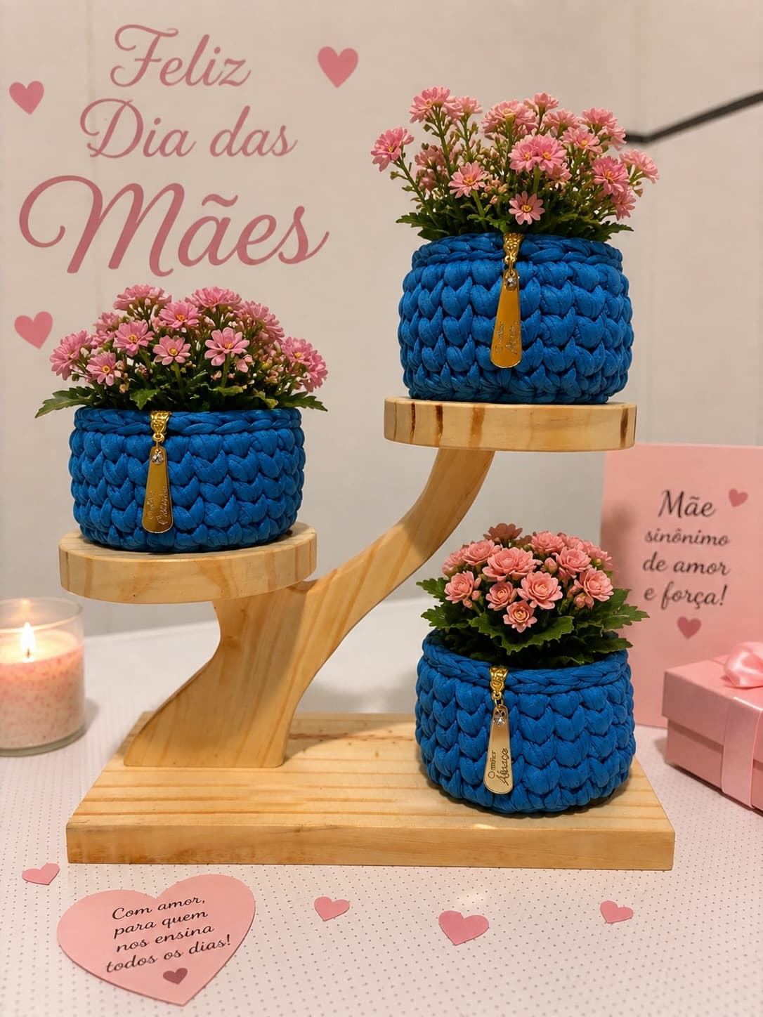Kit Dia das Mães com Cachepôs e Suporte em Madeira