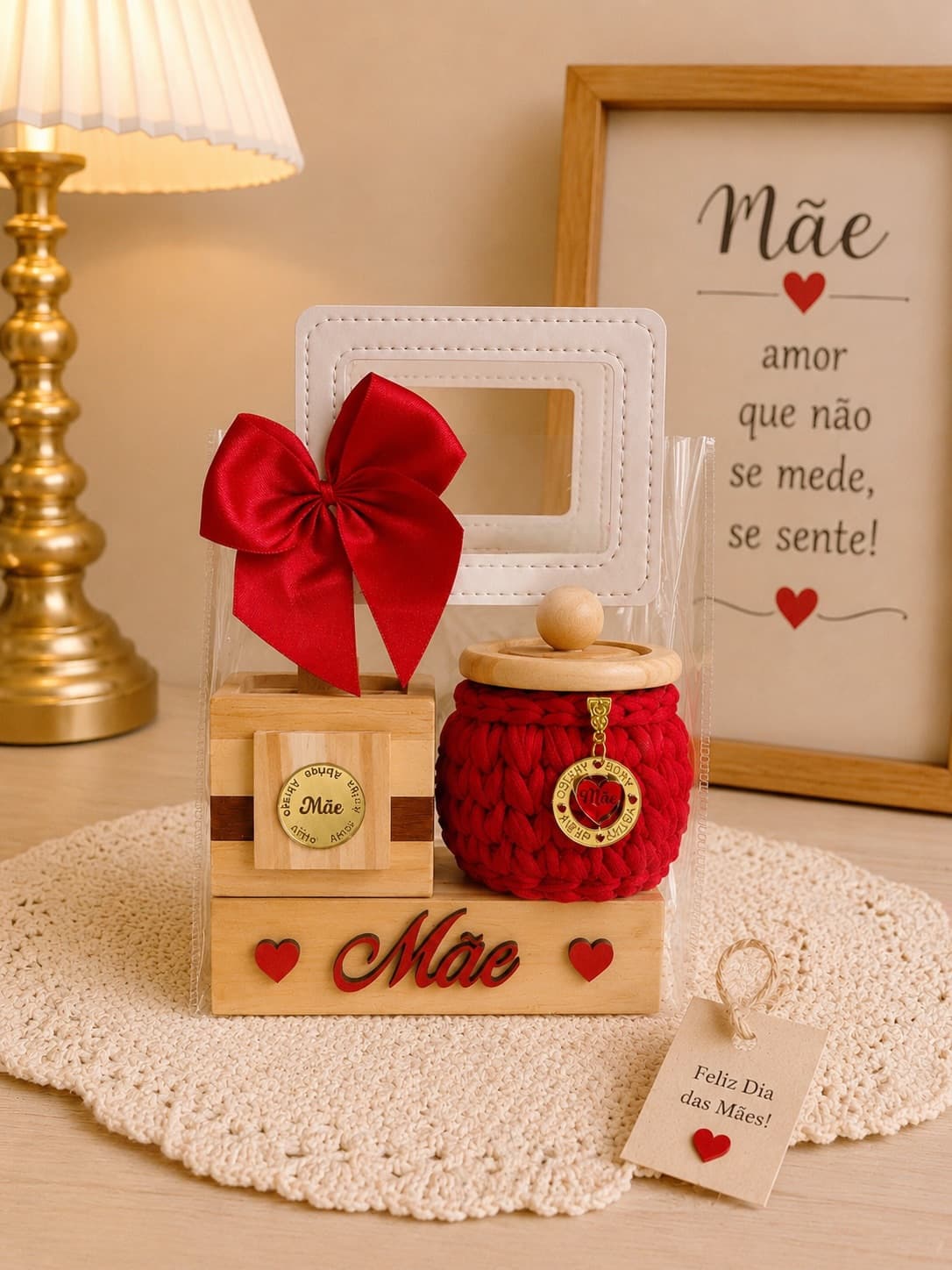 Kit de Presentes: Bolsa, Porta-Joias e Peças em Madeira