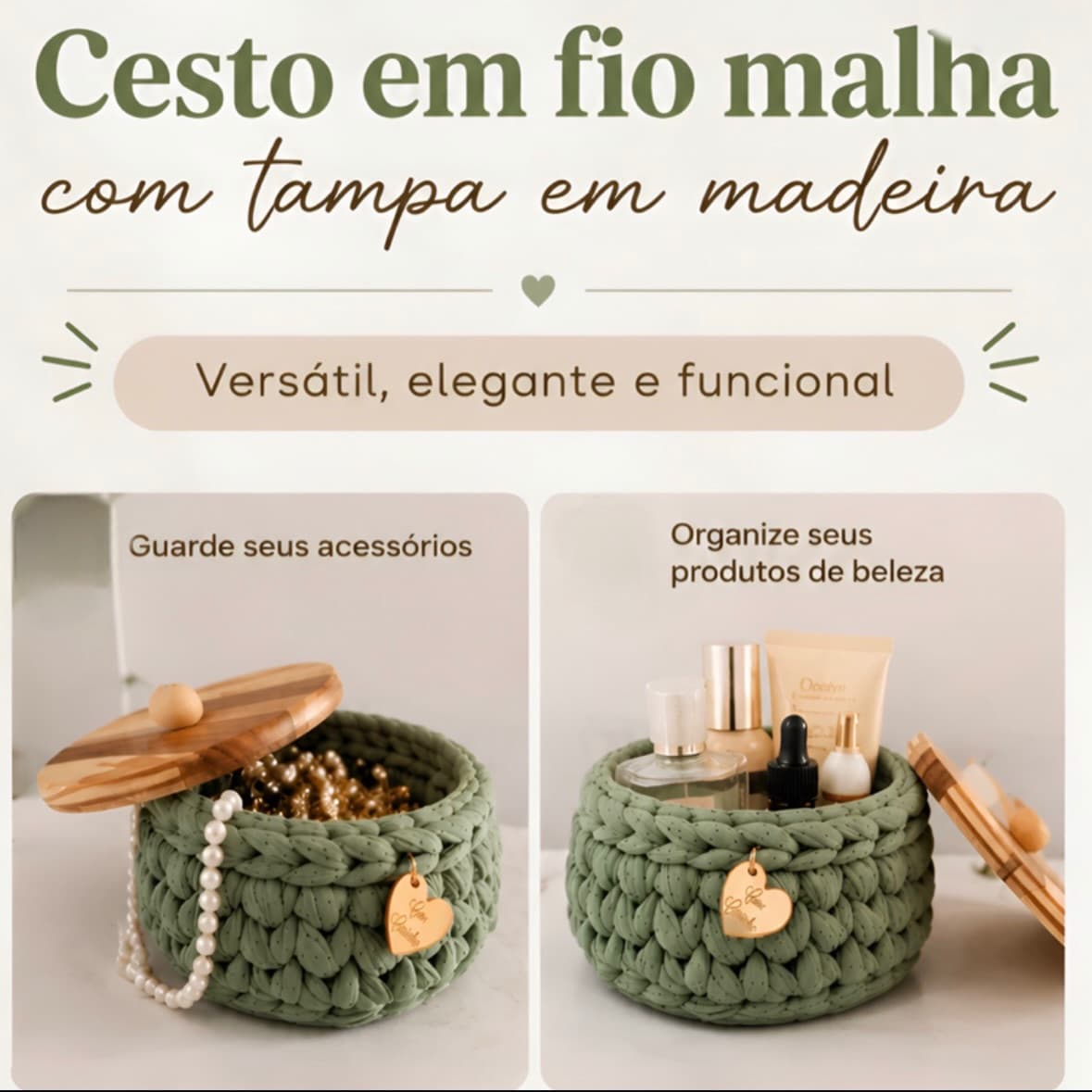 Cesto em Fio de Malha com Tampa de Madeira